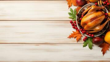 AI Generated Thanksgiving dinner cuisine with roasted turkey meal on wooden table background. photo