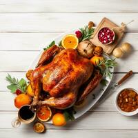 AI Generated Thanksgiving dinner cuisine with roasted turkey meal on wooden table background. photo