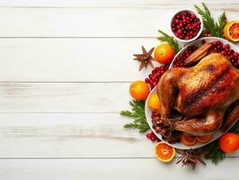 AI Generated Thanksgiving dinner cuisine with roasted turkey meal on wooden table background. photo