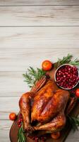 AI Generated Thanksgiving dinner cuisine with roasted turkey meal on wooden table background. photo