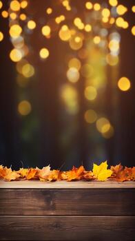 AI Generated autumn maple leaves on wooden plank stand table with glittering bokeh background for Thanksgiving day design concept. photo
