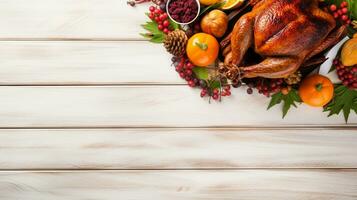 AI Generated Thanksgiving dinner cuisine with roasted turkey meal on wooden table background. photo