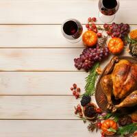 AI Generated Thanksgiving dinner cuisine with roasted turkey meal on wooden table background. photo