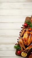 AI Generated Thanksgiving dinner cuisine with roasted turkey meal on wooden table background. photo