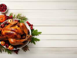 AI Generated Thanksgiving dinner cuisine with roasted turkey meal on wooden table background. photo