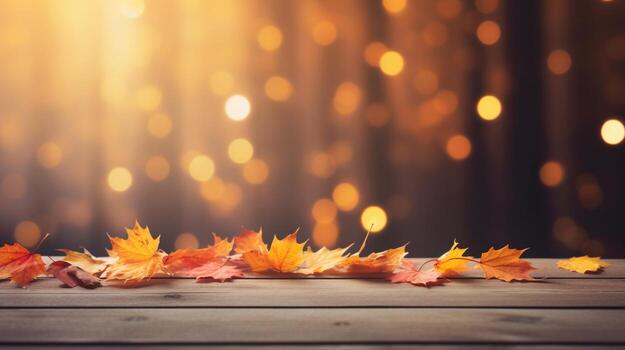 AI Generated autumn maple leaves on wooden plank stand table with glittering bokeh background for Thanksgiving day design concept. photo