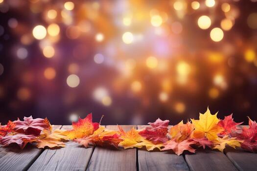 AI Generated autumn maple leaves on wooden plank stand table with glittering bokeh background for Thanksgiving day design concept. photo