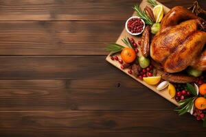 AI Generated Thanksgiving dinner cuisine with roasted turkey meal on wooden table background. photo