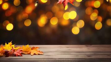 AI Generated autumn maple leaves on wooden plank stand table with glittering bokeh background for Thanksgiving day design concept. photo