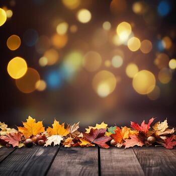 AI Generated autumn maple leaves on wooden plank stand table with glittering bokeh background for Thanksgiving day design concept. photo