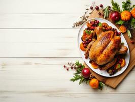 AI Generated Thanksgiving dinner cuisine with roasted turkey meal on wooden table background. photo