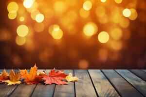 AI Generated autumn maple leaves on wooden plank stand table with glittering bokeh background for Thanksgiving day design concept. photo