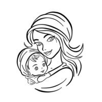 Mom holds the child in her arms. Maternity and child care. Vector linear illustration on white background