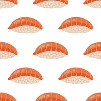 Fresh nigiri seamless vector pattern. Tasty Japanese sushi with rice, raw salmon. Traditional Asian fish rolls, seafood appetizer. Hand drawn illustration. Flat cartoon background for print, web, menu