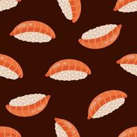 Fresh nigiri seamless vector pattern. Tasty Japanese sushi with rice and raw salmon. Traditional Asian fish rolls, seafood appetizer. Hand drawn illustration. Flat cartoon background for print, web