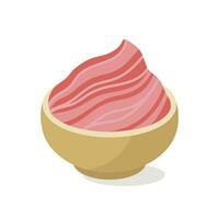 Pickled pink ginger vector icon. Traditional Asian appetizer in a wooden saucer. Tasty spicy seasoning for sushi, rolls. Illustration isolated on white. Flat cartoon clipart for posters, print, menu