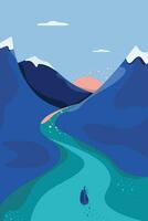 Poster with one person in canoe on a mountain river. Sunrise in a mountains. vector