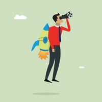 Flying business man character with jetpack, looking career or new idea vector illustration