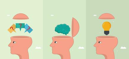 Man open head have questions, thinking and search for idea process, looking solution concept flat vector illustration