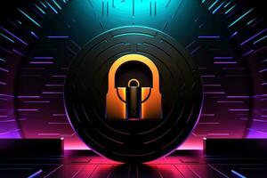 AI generated Abstract colorful neon padlock on black background, Generative AI photo