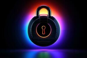 AI generated Abstract colorful neon padlock on black background, Generative AI photo