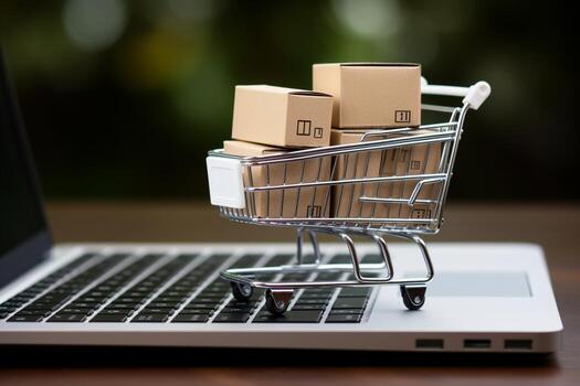 AI Generated online shopping concept with shopping cart and package cartons on a laptop keyboard. photo