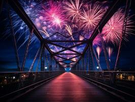 AI Generated new year celebration fireworks over bridge below urban city. photo