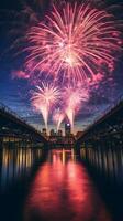 AI Generated new year celebration fireworks over bridge below urban city. photo