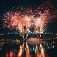 AI Generated new year celebration fireworks over bridge below urban city. photo