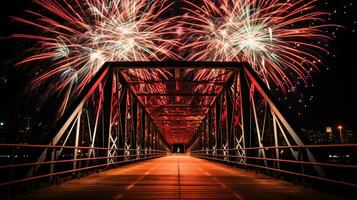 ai generado nuevo año celebracion fuegos artificiales terminado puente abajo urbano ciudad. foto