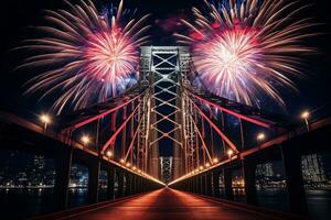 AI Generated new year celebration fireworks over bridge below urban city. photo