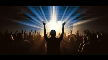 Illustration of worship service in a room with bright light coming from the front stage. People raise hand feeling presence of god. AI Generated photo