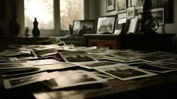 A table full of old photo collection prints black and white and an old room. AI Generated