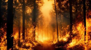 Forest on fire and environment damage and natural habitats, fire is everywhere and air pollution. AI Generated photo