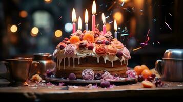 Birthday cake flower decoration with a lot of candle and fruit toppings. AI Generated photo
