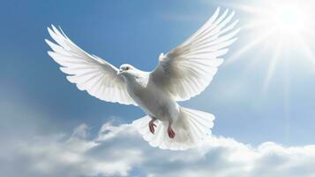 White doves and bright lights in the sky as a peace and spiritual symbol of Christian people. Holy spirit symbol. AI Generated photo
