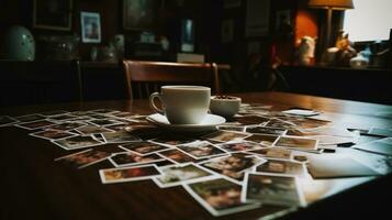 un taza de té en el mesa lleno de vistoso foto colección recordar inolvidable memoria. ai generado