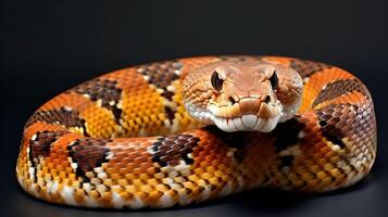 Close up of Corn snake or Pantherophis guttatus or sometimes called red rat snake studio shot looking at the camera. AI Generated. photo