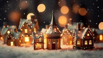 miniatura de un ciudad como un Navidad ornamento con lleno de nieve y luces. ai generado. foto