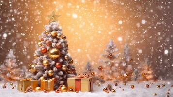 Christmas tree and some box of present under the tree with snow everywhere. Background and backdrop winter season or new year. AI Generated. photo