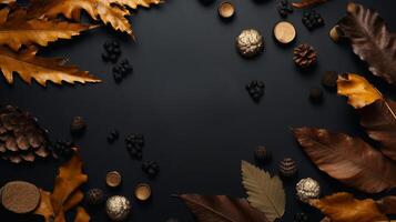 Fall season brown dry leaf background backdrop. Copy space top view. AI Generated. photo