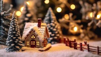 miniatura de un ciudad como un Navidad ornamento con lleno de nieve y luces. ai generado. foto