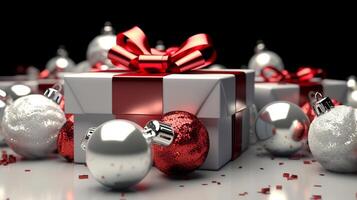 Christmas ornament and boxes of present with black background. AI Generated. photo