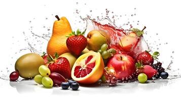 A fruit splash with water with isolated on white background, strawberry, apple, grape, pear, orange, berries. AI Generated. photo