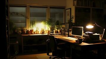 Personal office at night hour with full of green plant. AI Generated. photo