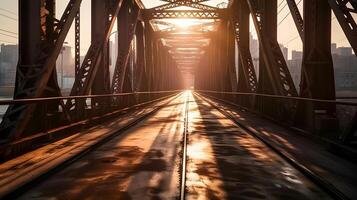 un vacío acero puente la carretera con puesta de sol adelante el ciudad. ai generado. foto