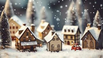 miniatura de un ciudad como un Navidad ornamento con lleno de nieve y luces. ai generado. foto