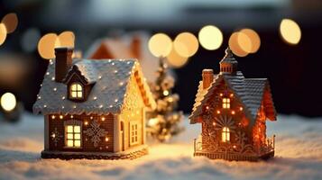 Miniature of a city as a Christmas ornament with full of snow and lights. AI Generated. photo