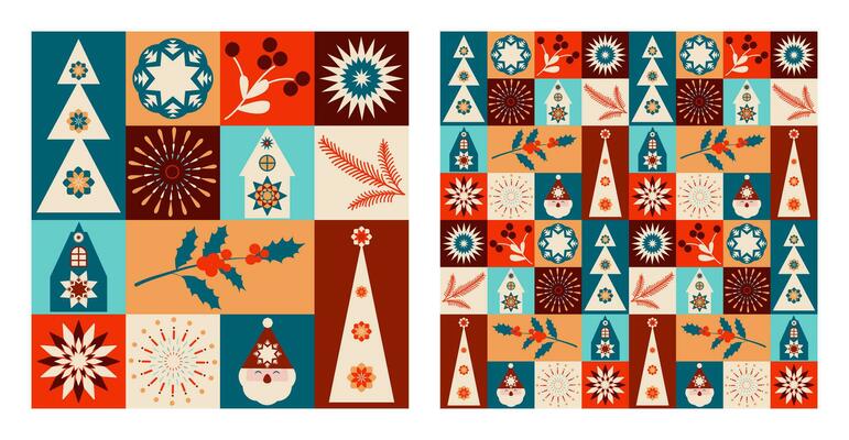 Christmas seamless pattern with simple geometric shapes. Template postcard, poster, covers.
