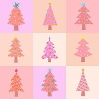 Seamless square pattern with pink Christmas trees of different shapes. Geometric checkered print for wrapping paper, background, wallpaper, posters. vector